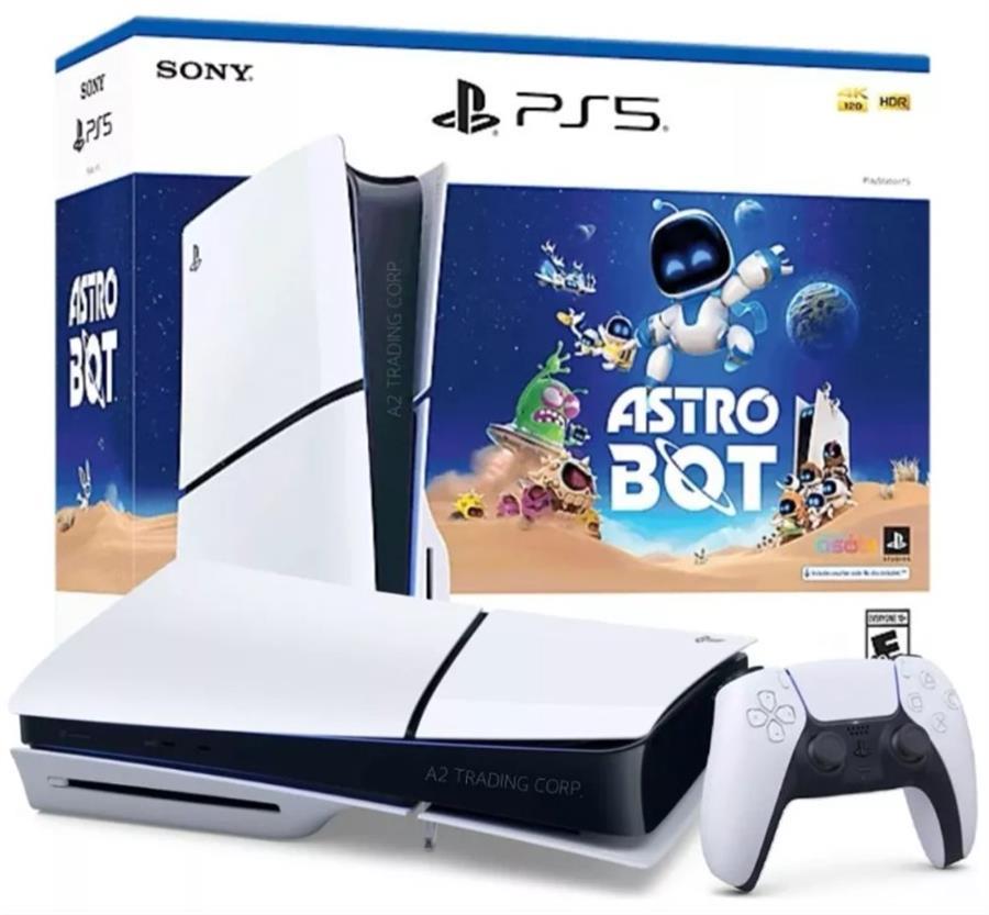 Consola PS5 Slim con lector de discos y juego Astro Bot.